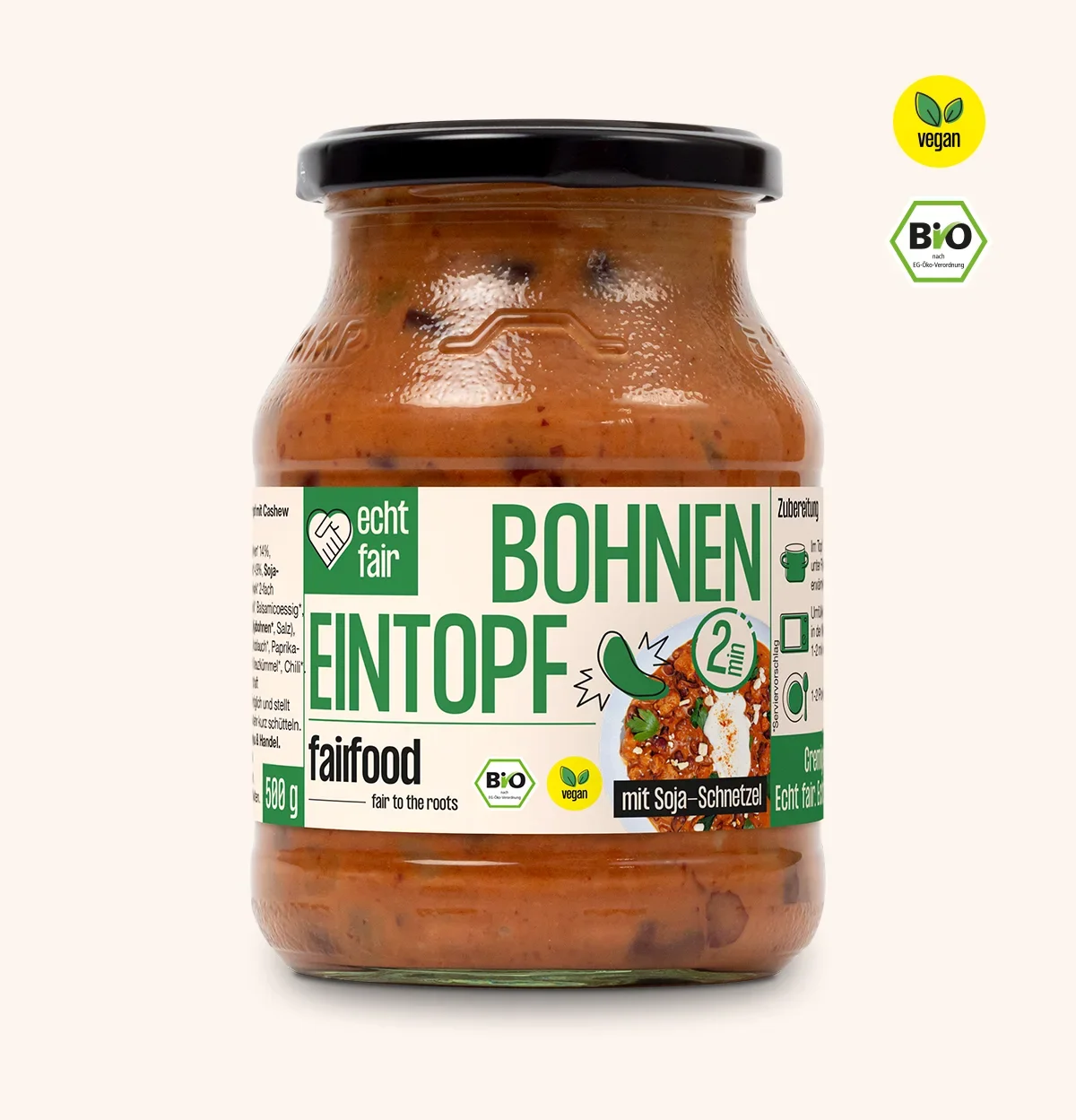 Bio Bohnen-Eintopf vegan 500g Pfandglas mit Fertiggericht Bohnen Eintopf