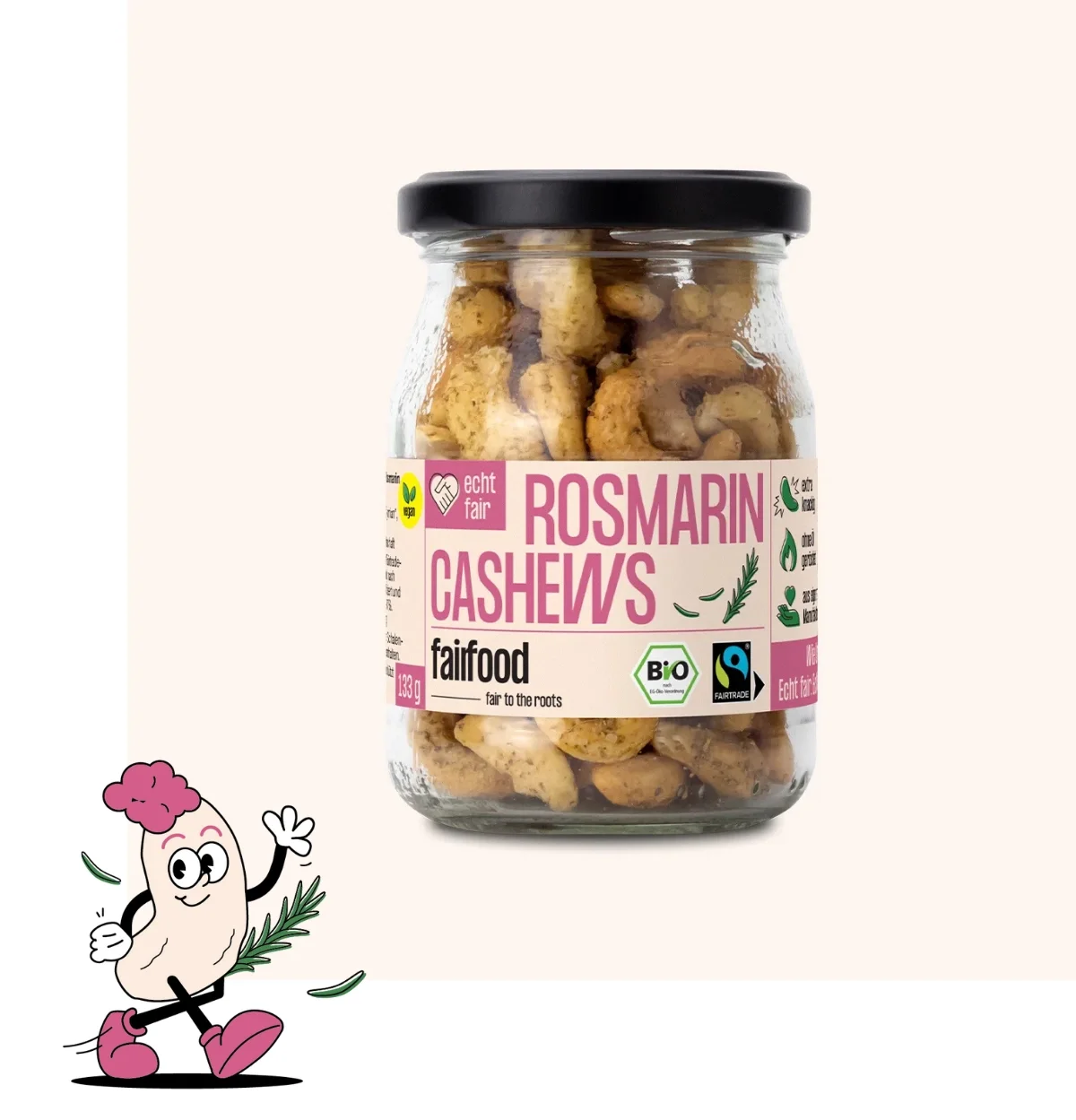 Glas Rosmarin Cashew und illustriertes Cashew Maskottchen
