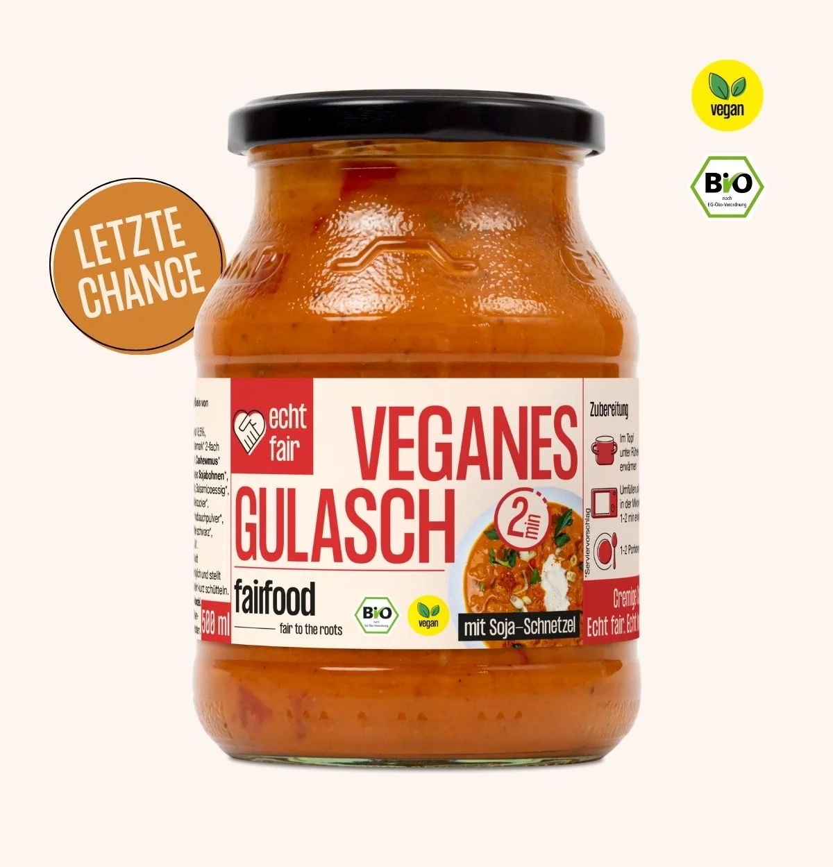 Pfandglas mit Fertiggericht Gulasch vegan