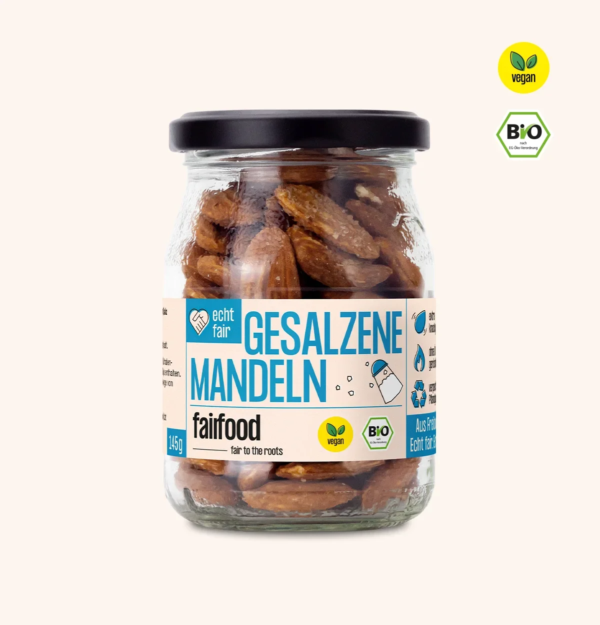 Bio Mandeln geröstet & gesalzen 145g Pfandglas gesalzene Mandeln