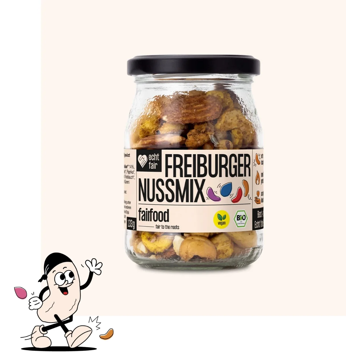 Glas Nussmix und illustriertes Cashew Maskottchen