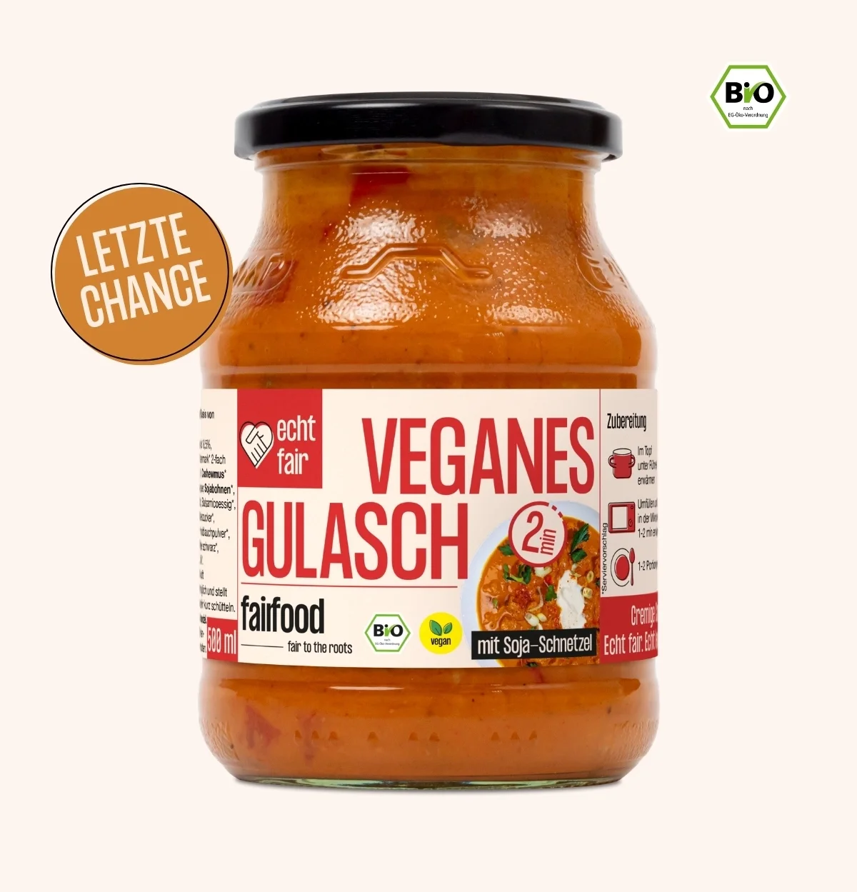 Pfandglas mit Fertiggericht Gulasch vegan