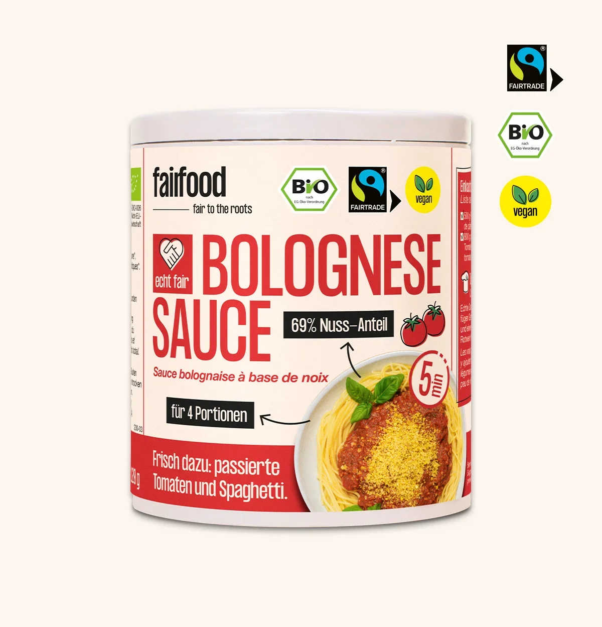 Bio Nuss-Bolognese Fairtrade vegan 120g Nuss Bolognese Sauce in Papierdose