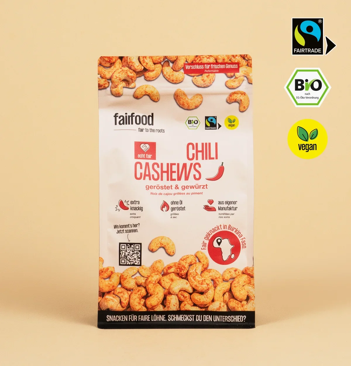 500g Beutel Chili Cashews mit Fairtrade Bio und Vegan Siegel