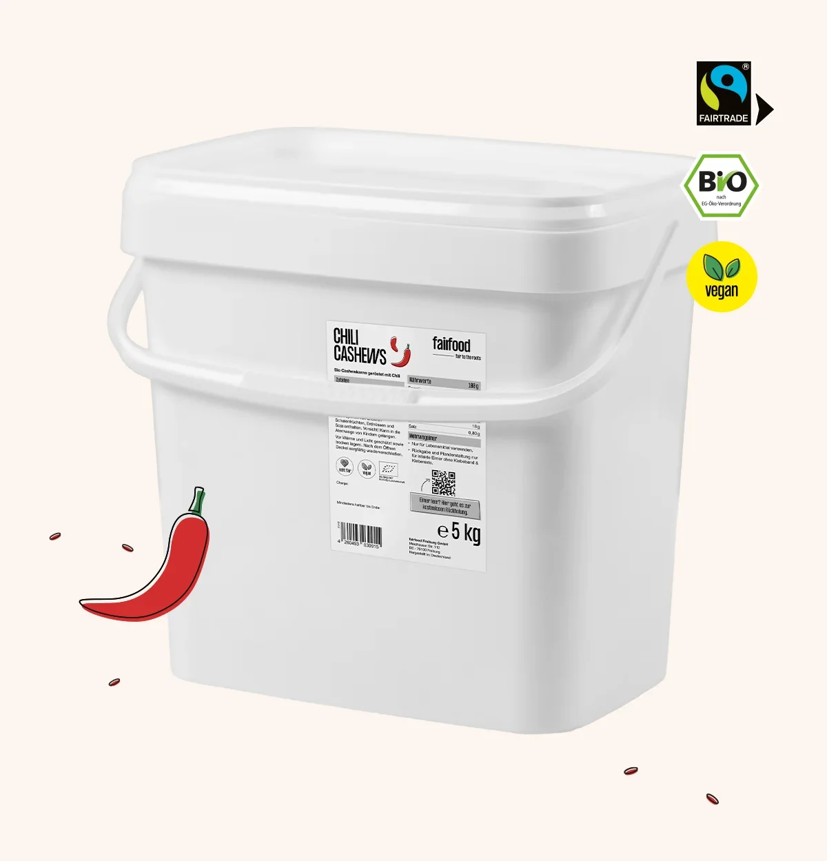 Bio Cashews Chili & Paprika Fairtrade 5kg grosser Pfandeimer Chili Cashews