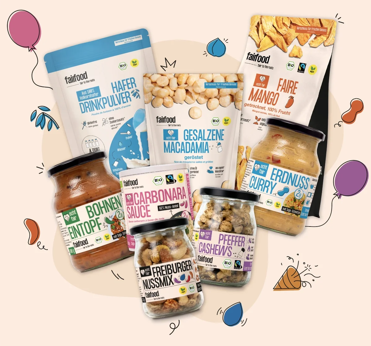 fairfood Produkte umgeben von illustrierten Luftballons und Party Elementen