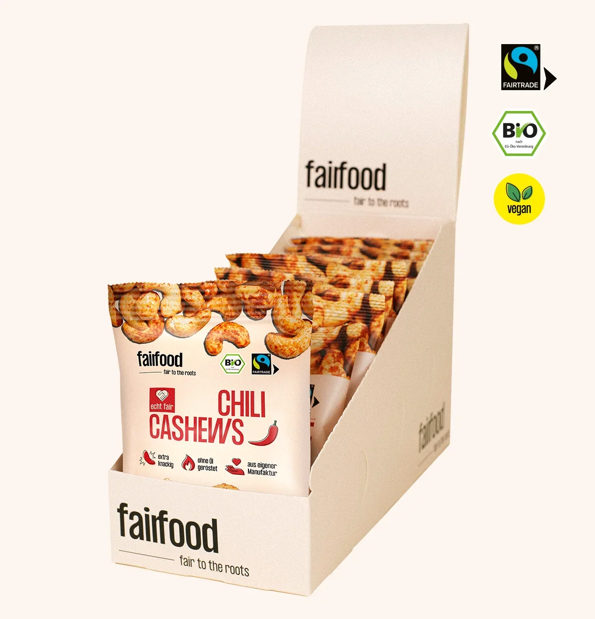 Bio Cashews Chili & Paprika Fairtrade 10 x 50g zehn kleine Beutel Chili Cashews