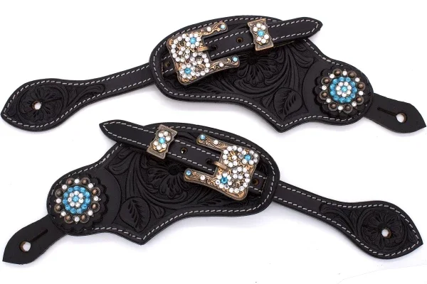 Western Sporenriemen schwarz mit türkisen Strass-Conchos und verzierten Schnallen Western Sporenriemen schwarz mit türkisen Strass-Conchos und verzierten Schnallen
