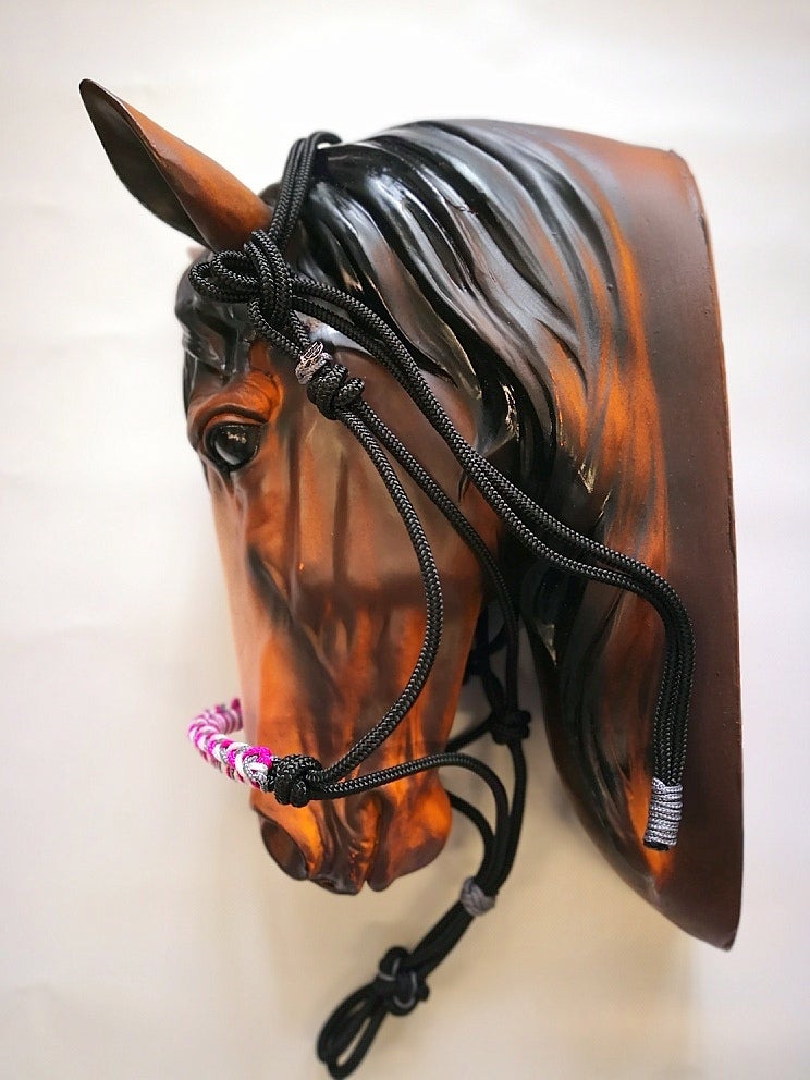 Knotenhalfter mit Nasenumflechtung schwarzgraupink - Warmblut KH schwarzpinkweissgrau