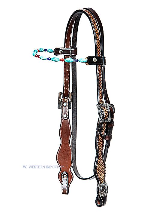 Westerntrense Gemstones türkis ASKET TOOLED HEADSTALL WITH TURQUOIS GEMSTONES