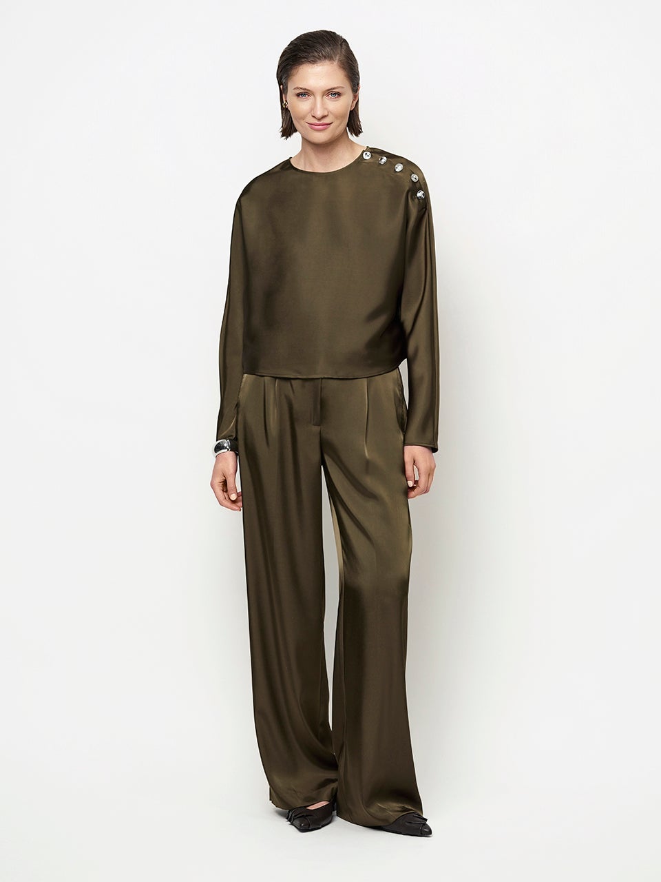 DANTE 6 263186 Leiva Satin Button Top satijnen top olijfgroen