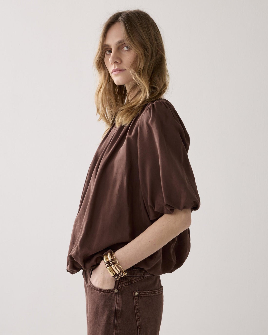 SUMMUM 2s3442-12370 Glanzende geplooide top-Coffee