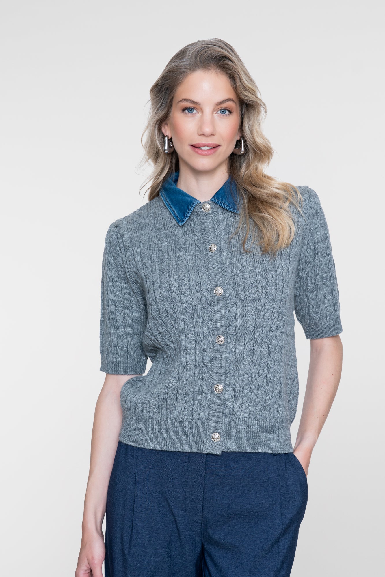 GEISHA 64507-10 CARDIGAN MET DENIM KRAAG-grey melange