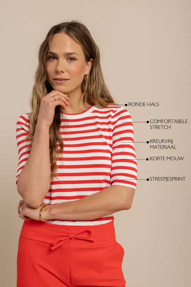 STUDIO ANNELOES 13827 Luna stripe sl pullover-coral red/offwhite