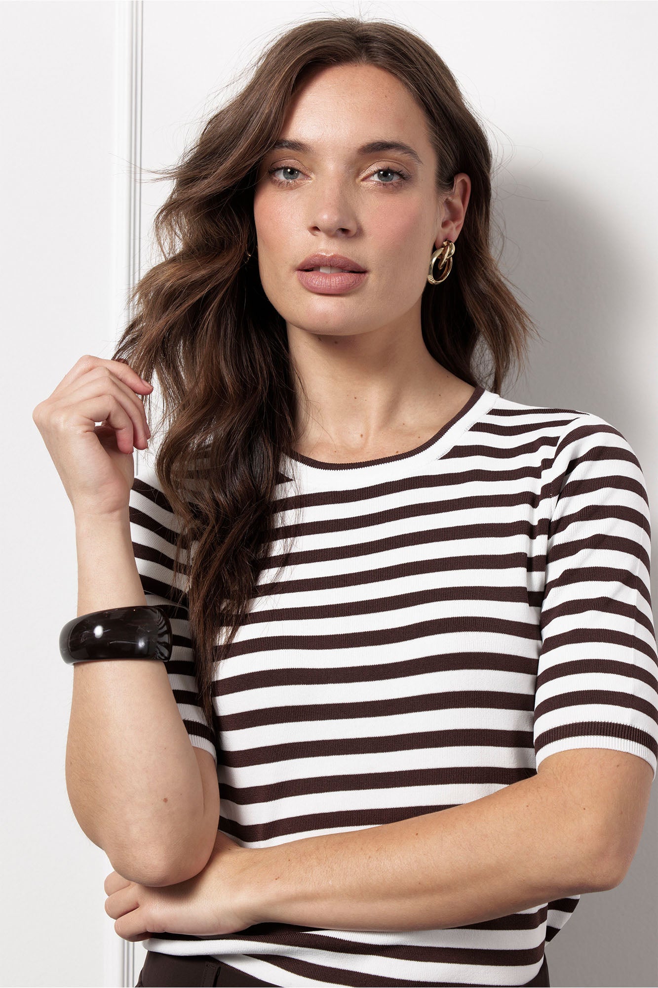 STUDIO ANNELOES13060 Luna ssl stripe pullover - off white/espresso