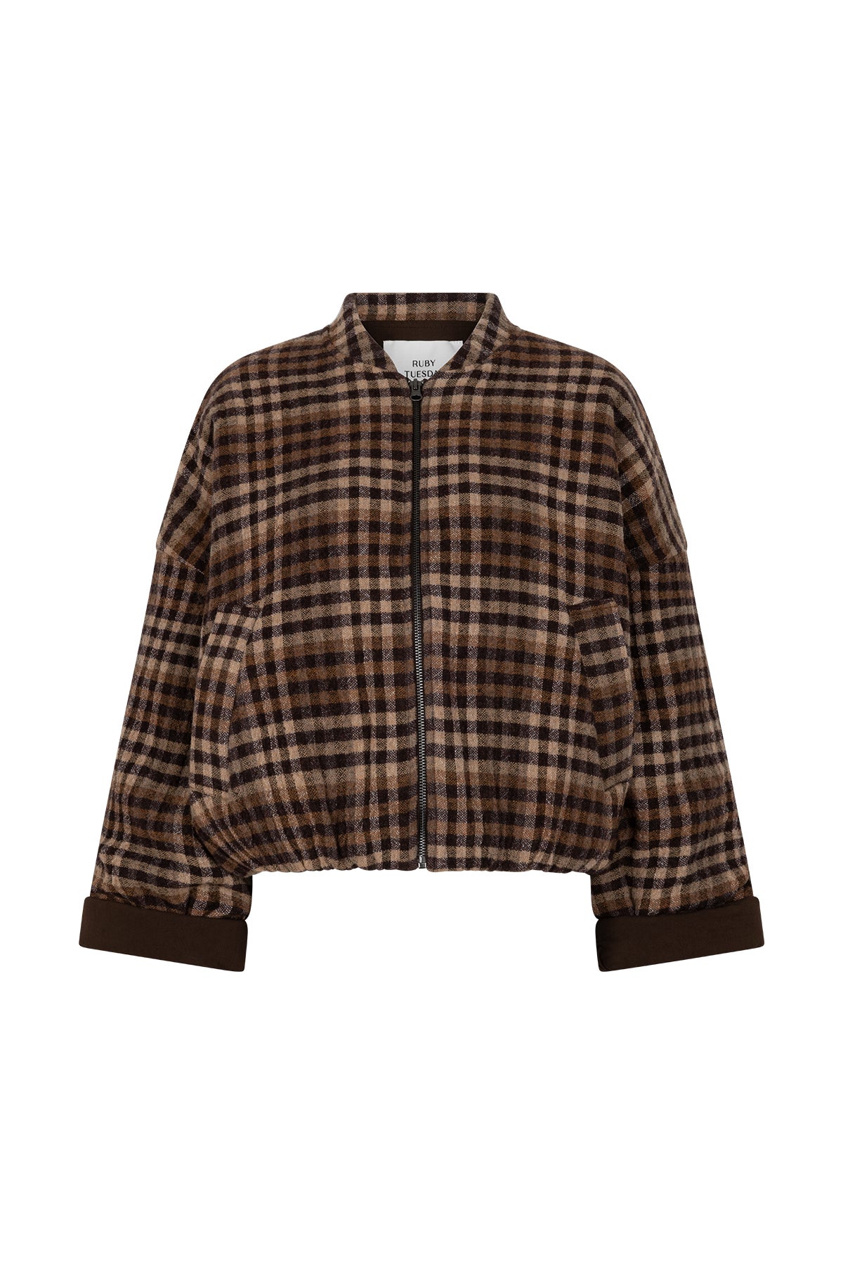 RUBY TUESDAY T608-1210 Cidore Woolen Check Bomber Jacket - Brown check