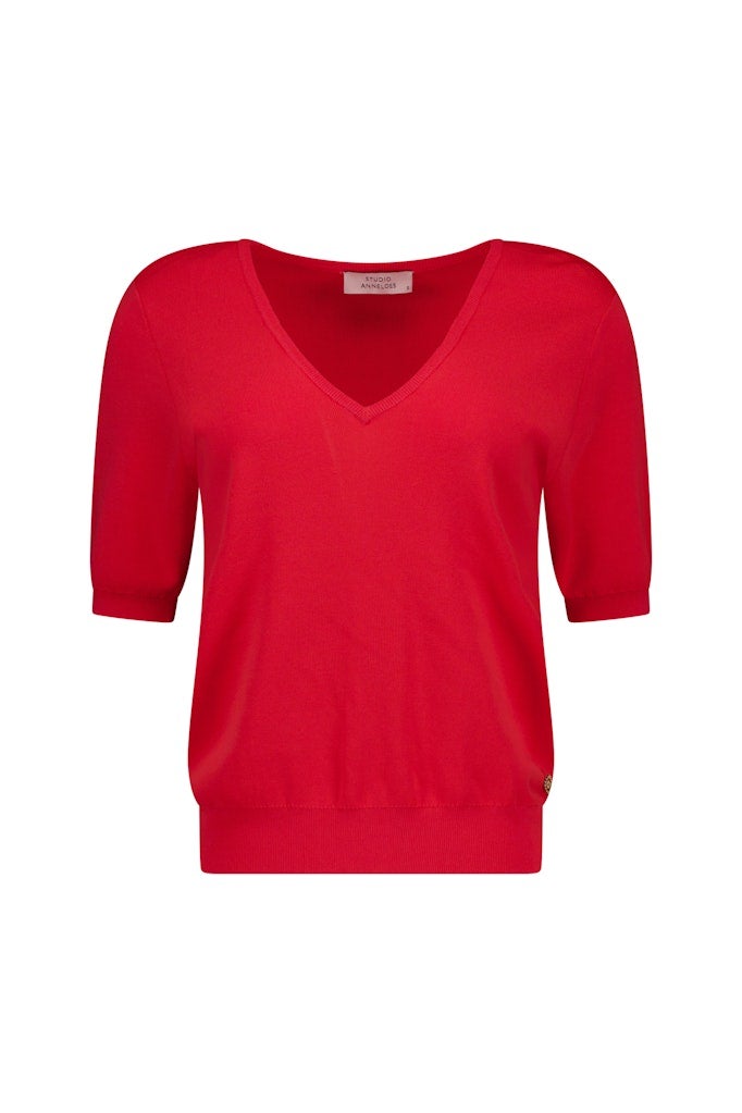 STUDIO ANNELOES 13690 Sandy V neck pullover - coral red