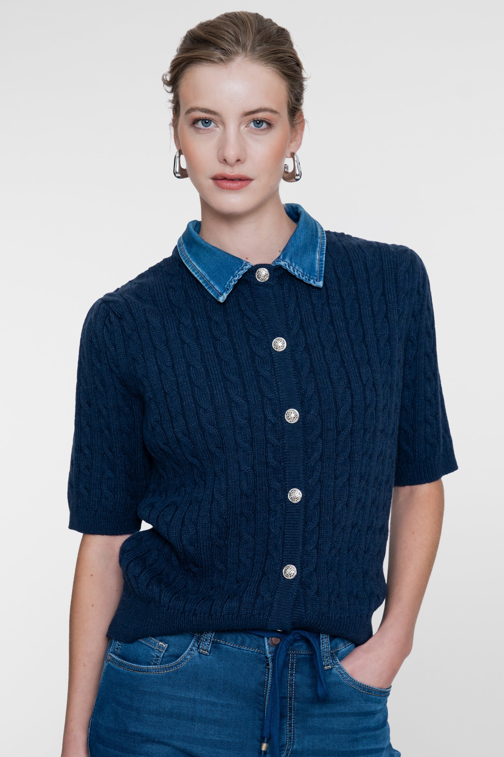 GEISHA 64507-10 CARDIGAN MET DENIM KRAAG-navy/denim