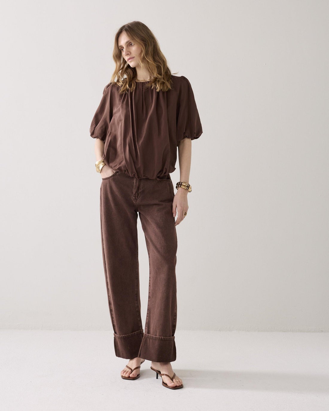 SUMMUM 2s3442-12370 Glanzende geplooide top-Coffee