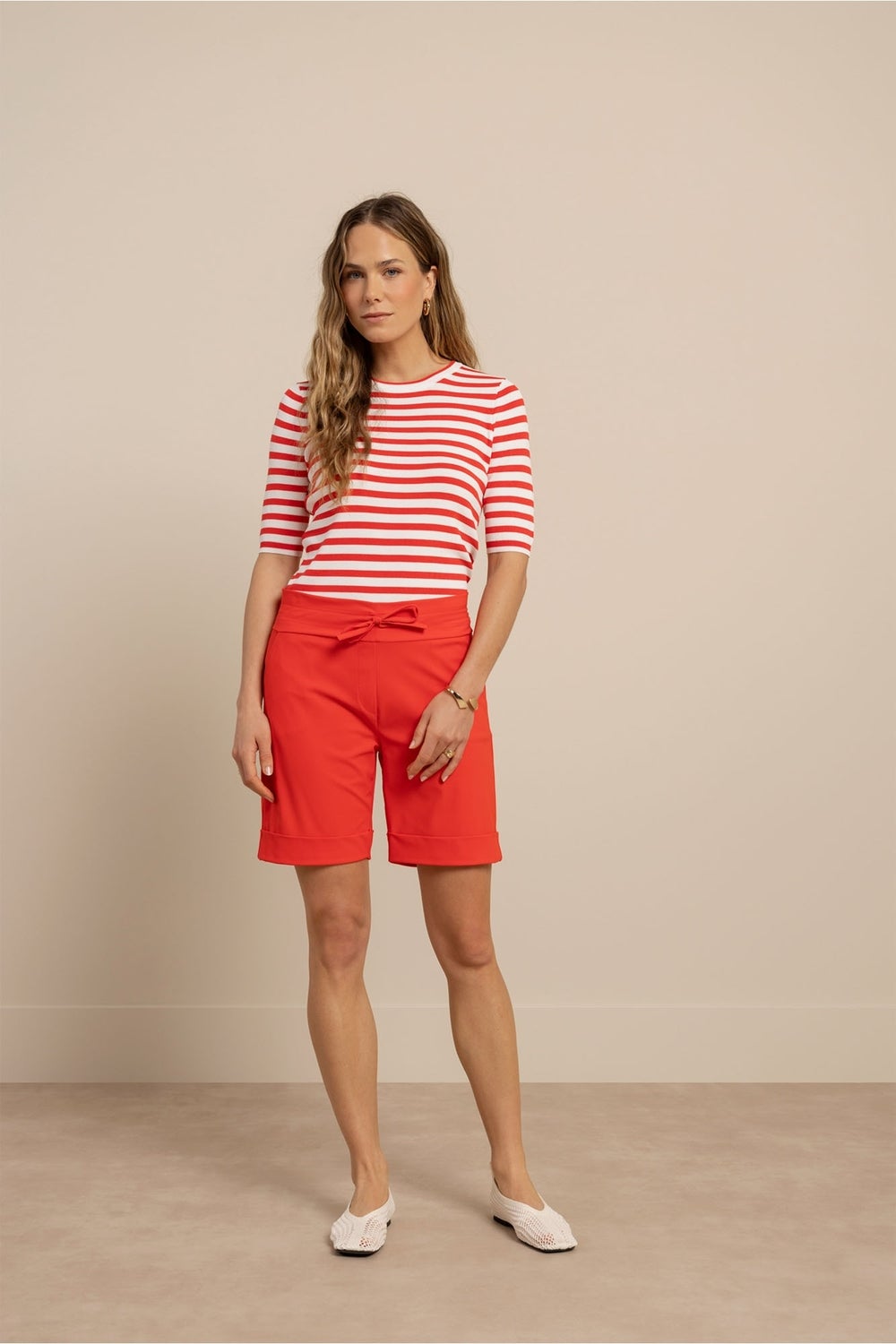 STUDIO ANNELOES 13827 Luna stripe sl pullover-coral red/offwhite