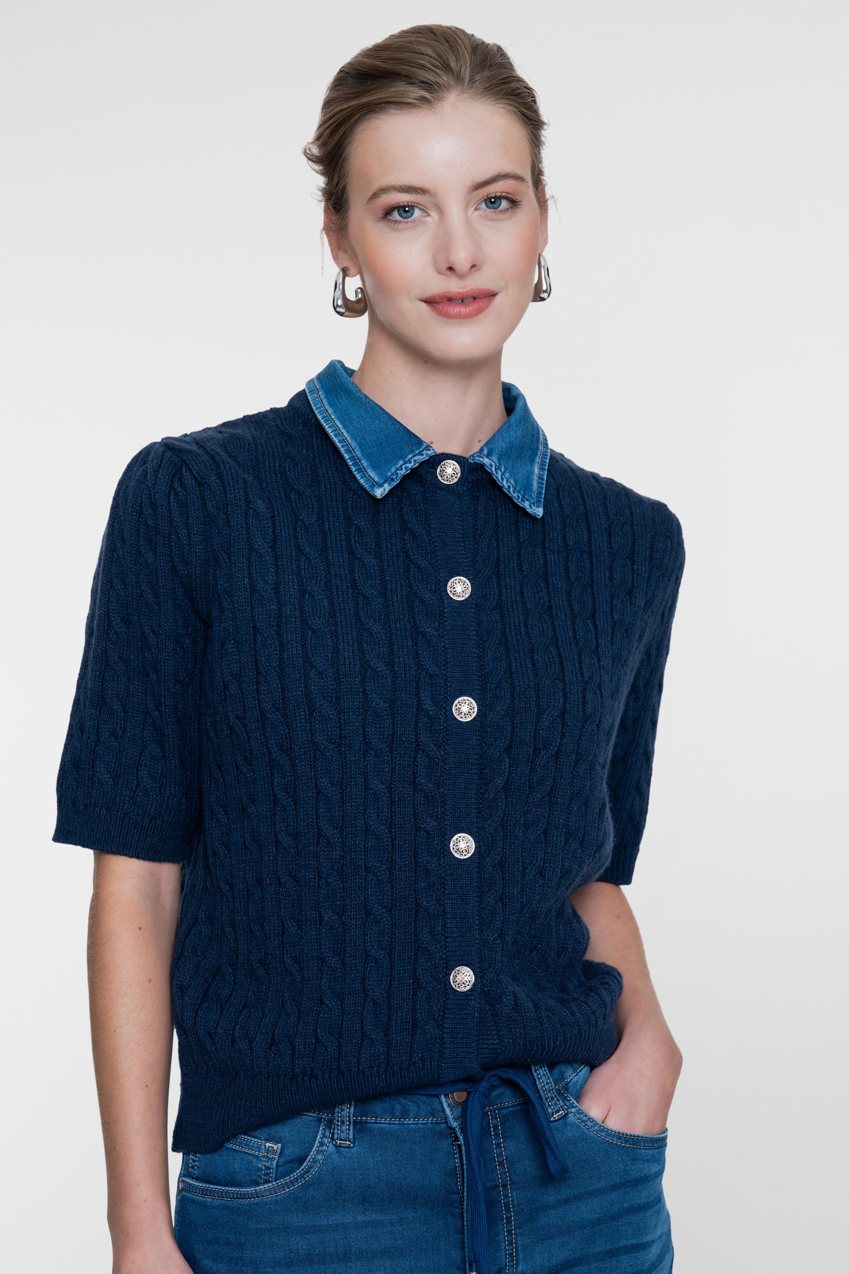GEISHA 64507-10 CARDIGAN MET DENIM KRAAG-navy/denim