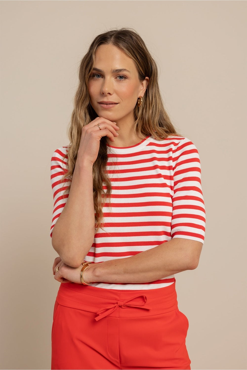 STUDIO ANNELOES 13827 Luna stripe sl pullover-coral red/offwhite