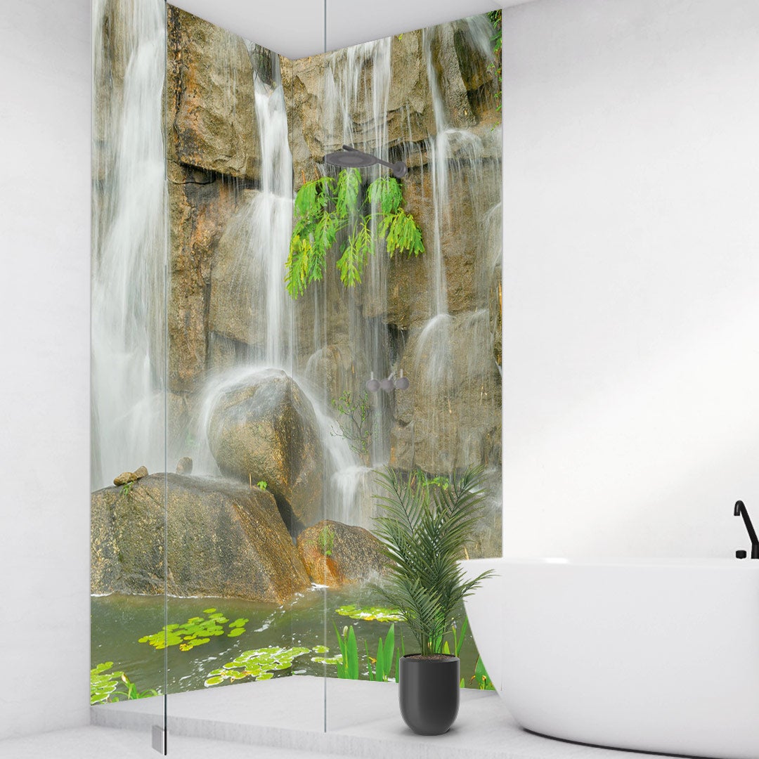 Wasserfall Steine über Eck Set, fugenlose Wandpaneele aus Alu-Verbund 3mm, Duschrückwand Wasserfall Steine über Eck Set, fugenlose Wandpaneele aus Alu-Verbund 3mm, Duschrückwand