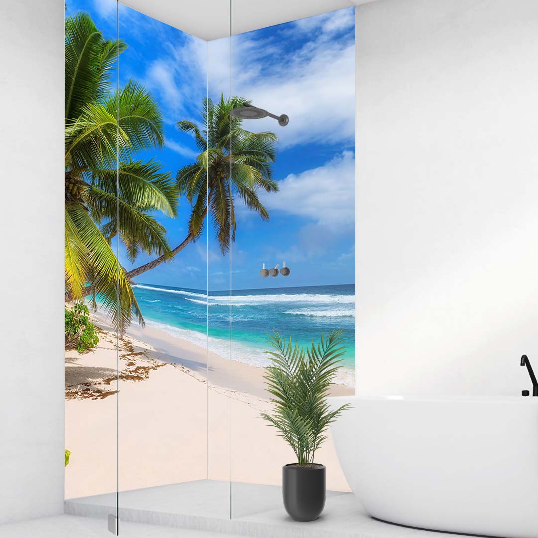 Paradies Strand über Eck Set, fugenlose Wandpaneele aus Alu-Verbund 3mm, Duschrückwand Paradies Strand über Eck Set, fugenlose Wandpaneele aus Alu-Verbund 3mm, Duschrückwand