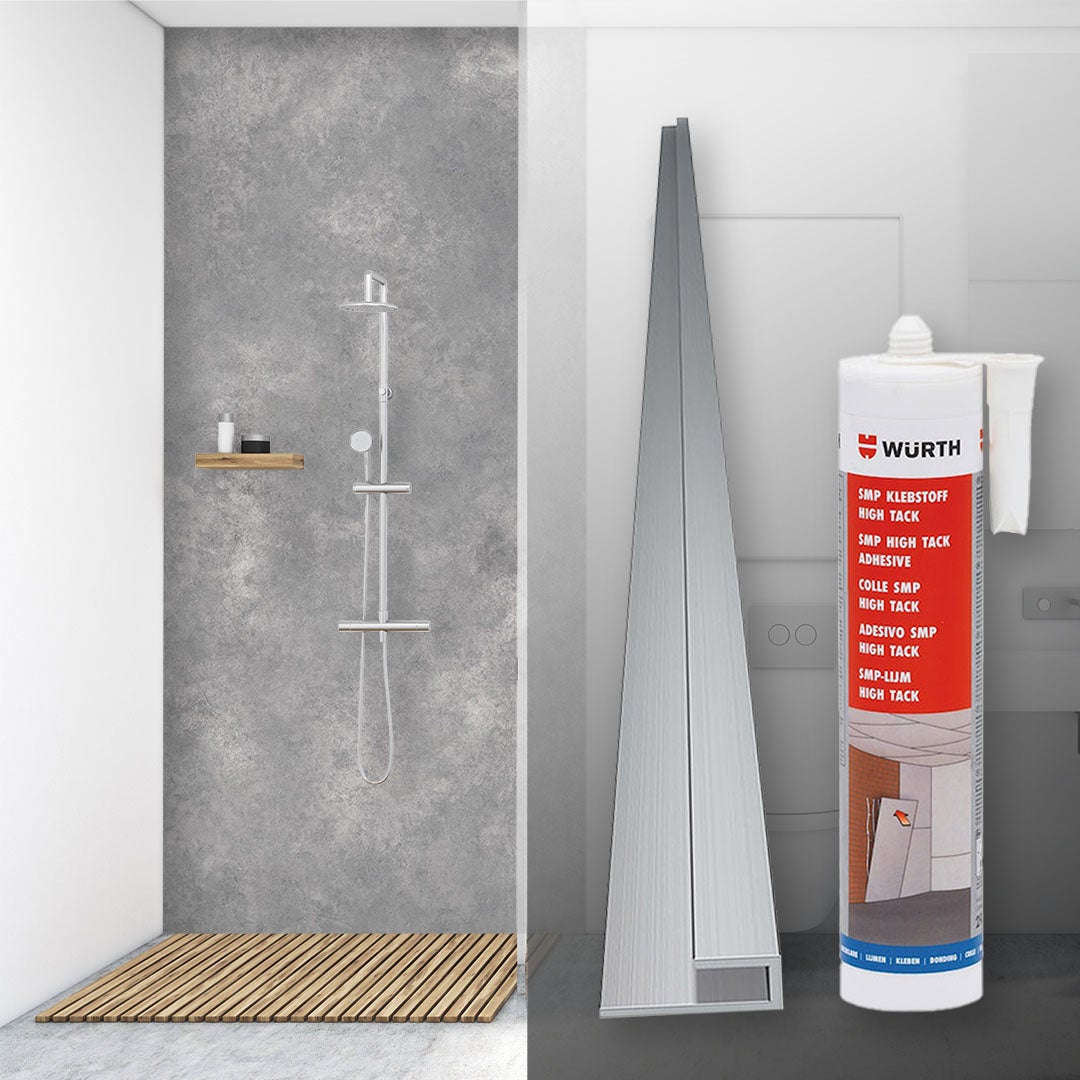 Steindekore Duschrückwand Set ( 1x Duschrückwand, 1x Abschlussprofil, 1x Kleber) Steindekore Duschrückwand Set ( 1x Duschrückwand, 1x Abschlussprofil, 1x Kleber)