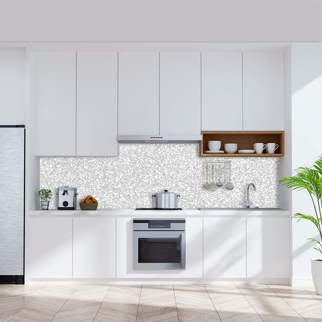 Terrazzo Hellgrau, fugenlose Wandpaneele aus Alu-Verbund 3mm, Küchenrückwand Terrazzo Hellgrau, fugenlose Wandpaneele aus Alu-Verbund 3mm, Küchenrückwand