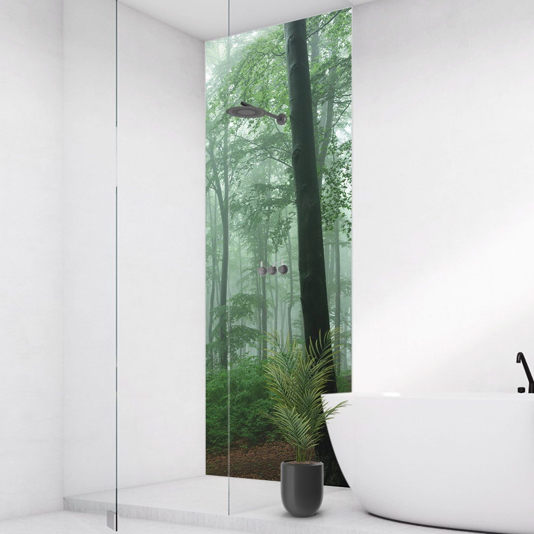 Nebel im Wald, fugenlose Wandpaneele aus Alu-Verbund 3mm, Duschrückwand Nebel im Wald, fugenlose Wandpaneele aus Alu-Verbund 3mm, Duschrückwand