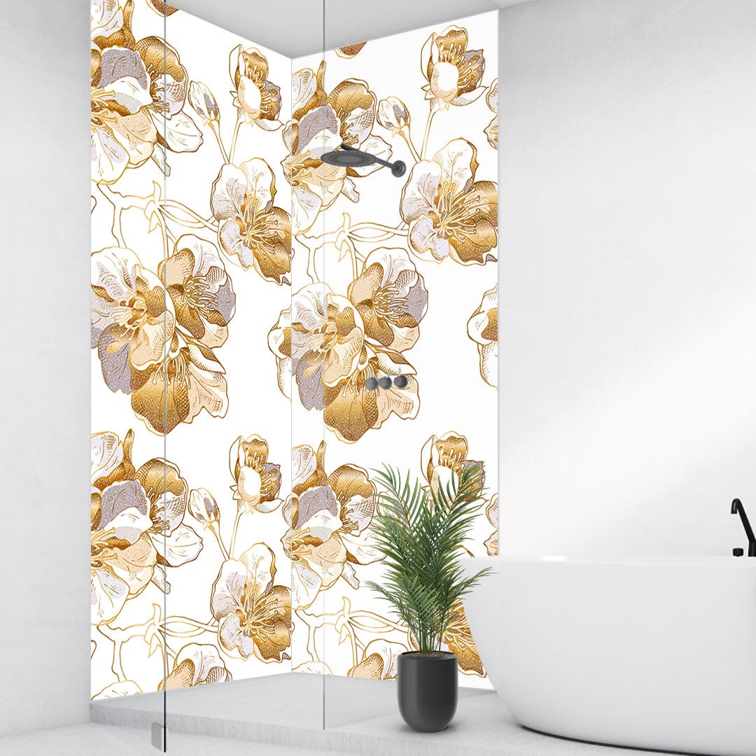 Kirschblüte Gold über Eck Set, fugenlose Wandpaneele aus Alu-Verbund 3mm, Duschrückwand Kirschblüte Gold über Eck Set, fugenlose Wandpaneele aus Alu-Verbund 3mm, Duschrückwand