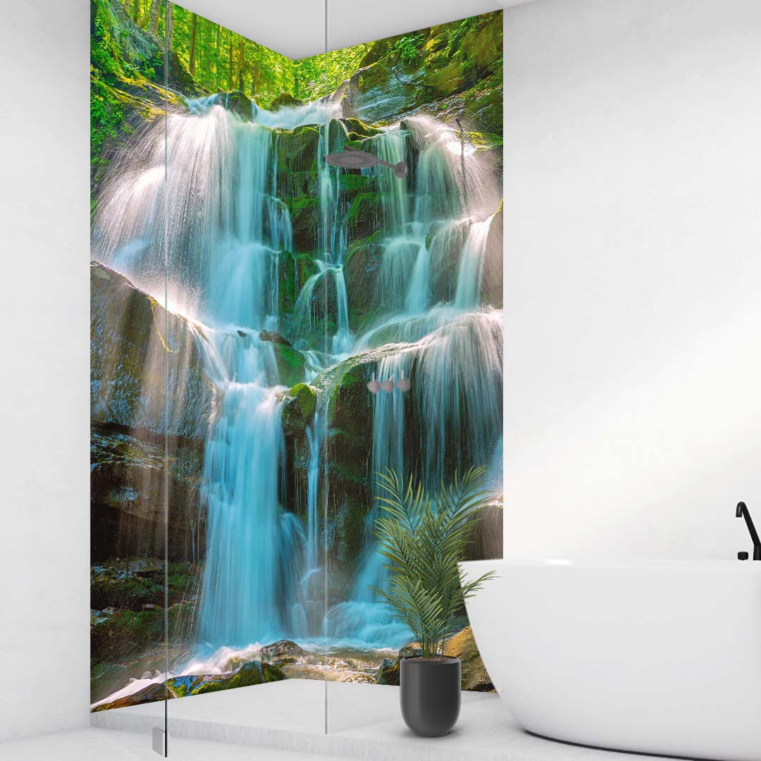 Wasserfall Ukraine Karpaten über Eck Set, fugenlose Wandpaneele aus Alu-Verbund 3mm, Duschrückwand Wasserfall Ukraine Karpaten über Eck Set, fugenlose Wandpaneele aus Alu-Verbund 3mm, Duschrückwand