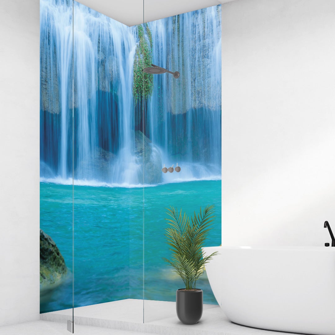 Wasserfall Thailand 2 über Eck Set, fugenlose Wandpaneele aus Alu-Verbund 3mm, Duschrückwand Wasserfall Thailand 2 über Eck Set, fugenlose Wandpaneele aus Alu-Verbund 3mm, Duschrückwand