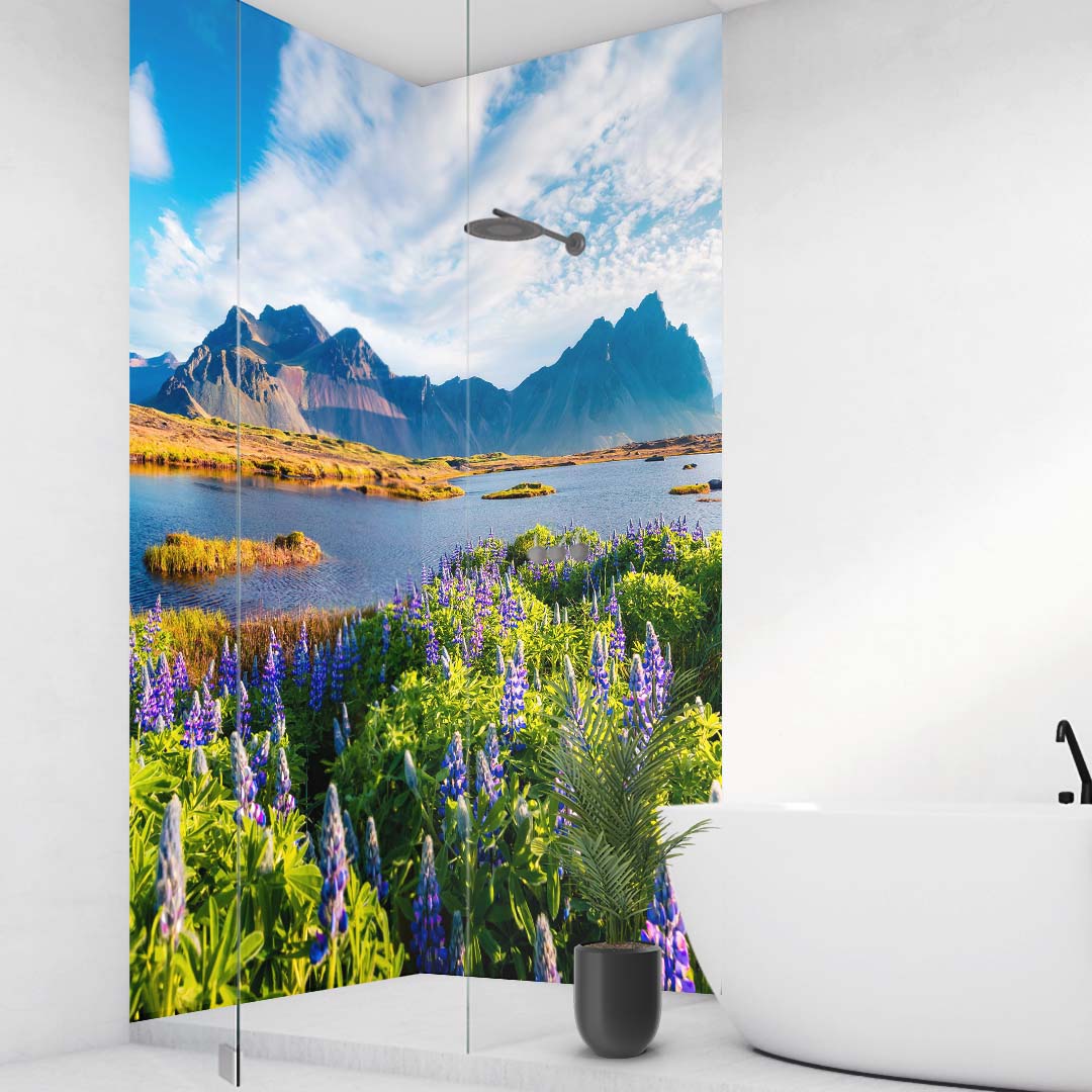 Stokksnes-Kap Island über Eck Set, fugenlose Wandpaneele aus Alu-Verbund 3mm, Duschrückwand Stokksnes-Kap Island über Eck Set, fugenlose Wandpaneele aus Alu-Verbund 3mm, Duschrückwand