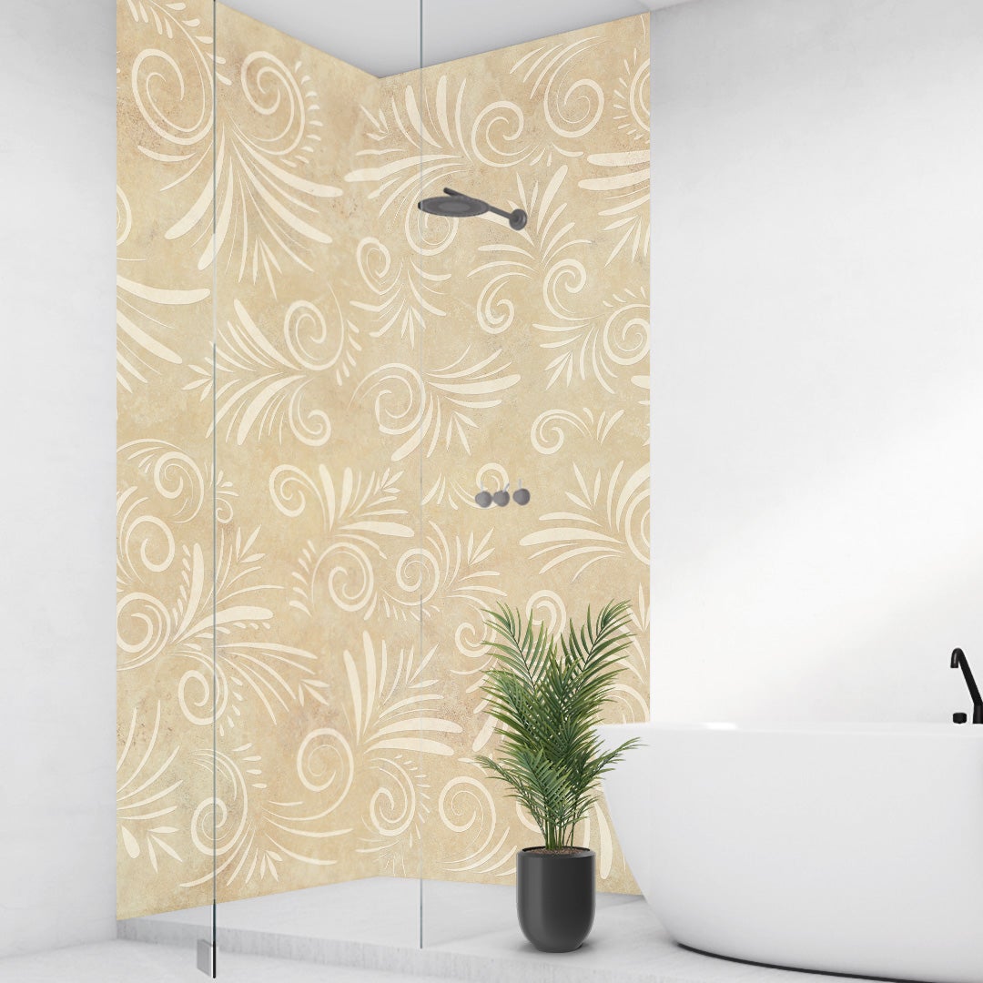 Kalkstein Floral über Eck Set, fugenlose Wandpaneele aus Alu-Verbund 3mm, Duschrückwand Kalkstein Floral über Eck Set, fugenlose Wandpaneele aus Alu-Verbund 3mm, Duschrückwand