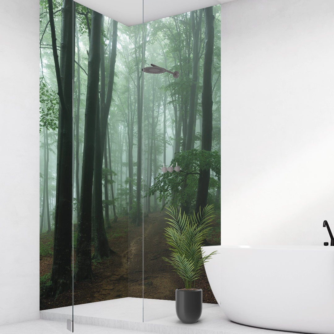 Nebel im Wald über Eck Set, fugenlose Wandpaneele aus Alu-Verbund 3mm, Duschrückwand Nebel im Wald über Eck Set, fugenlose Wandpaneele aus Alu-Verbund 3mm, Duschrückwand