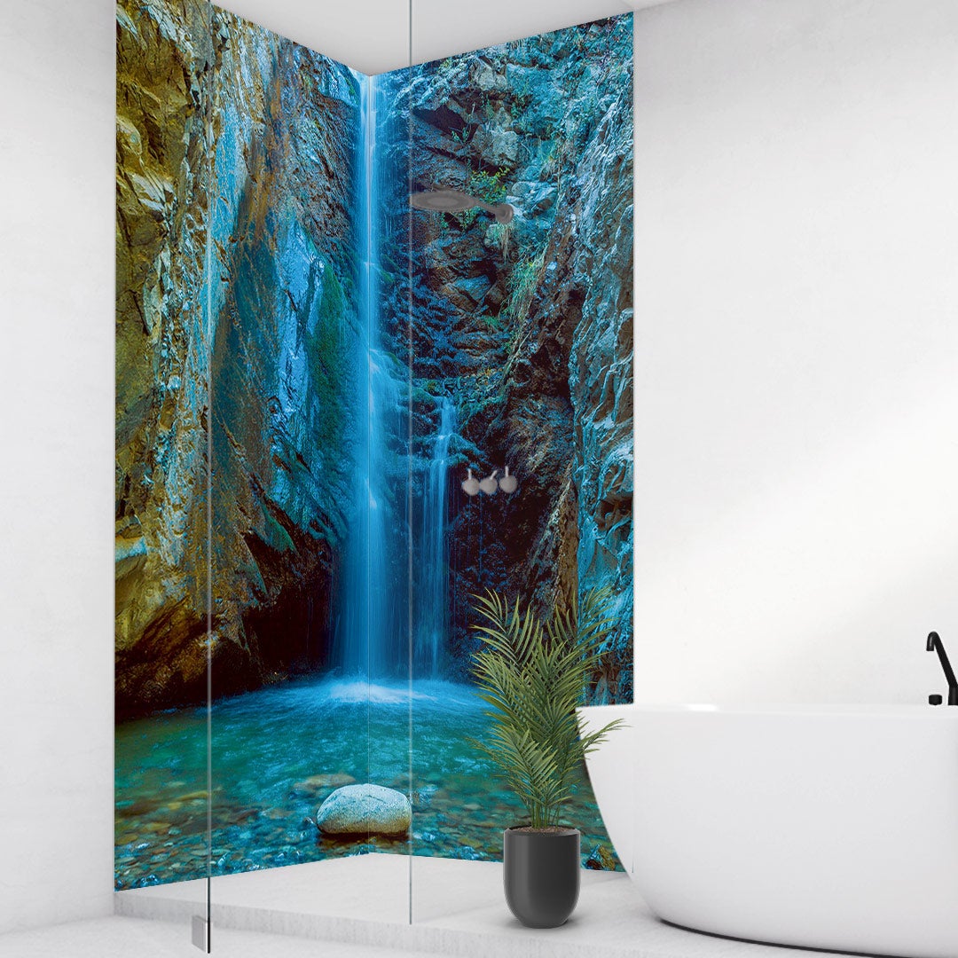Wasserfall über Eck Set, fugenlose Wandpaneele aus Alu-Verbund 3mm, Duschrückwand Wasserfall über Eck Set, fugenlose Wandpaneele aus Alu-Verbund 3mm, Duschrückwand