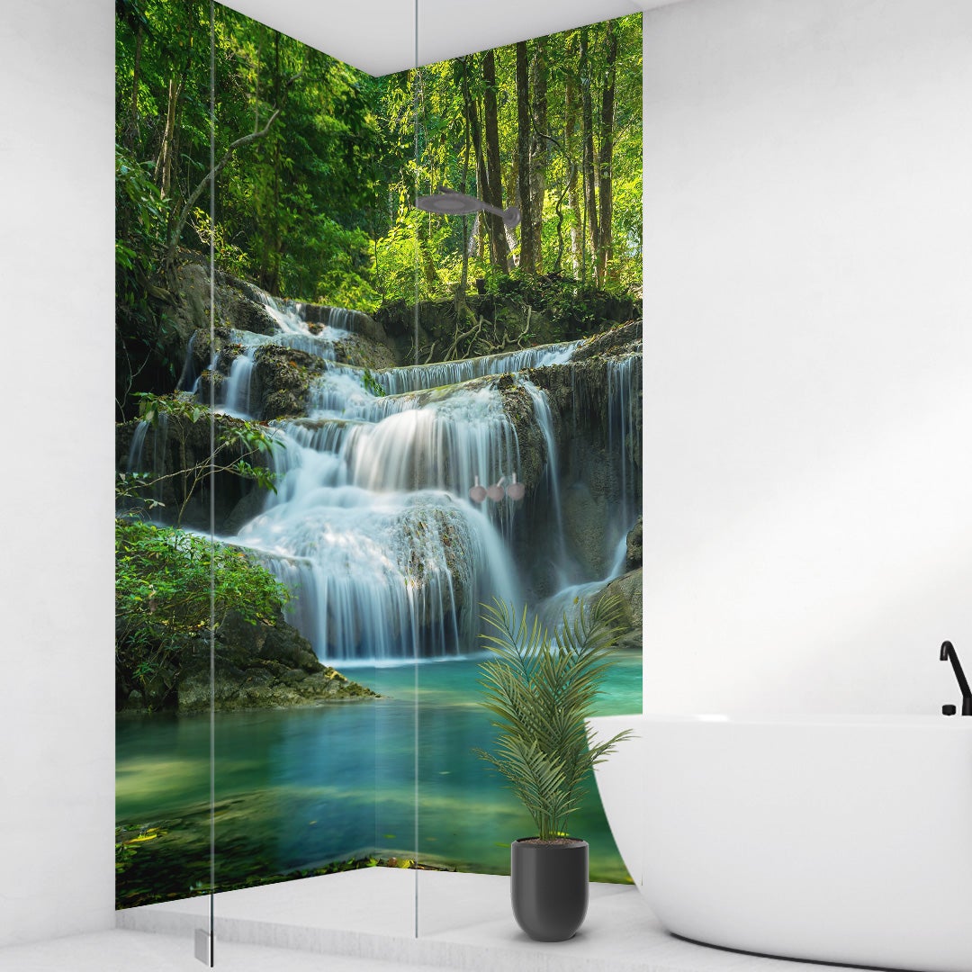 Natur Wasserfall über Eck Set, fugenlose Wandpaneele aus Alu-Verbund 3mm, Duschrückwand Natur Wasserfall über Eck Set, fugenlose Wandpaneele aus Alu-Verbund 3mm, Duschrückwand