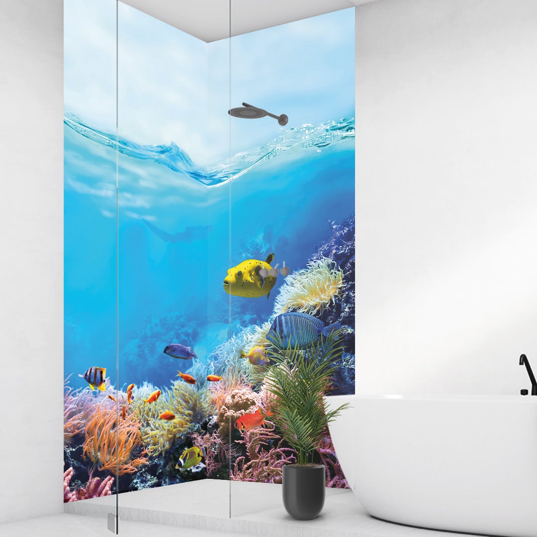 Great Barrier Reef über Eck Set, fugenlose Wandpaneele aus Alu-Verbund 3mm, Duschrückwand Great Barrier Reef über Eck Set, fugenlose Wandpaneele aus Alu-Verbund 3mm, Duschrückwand