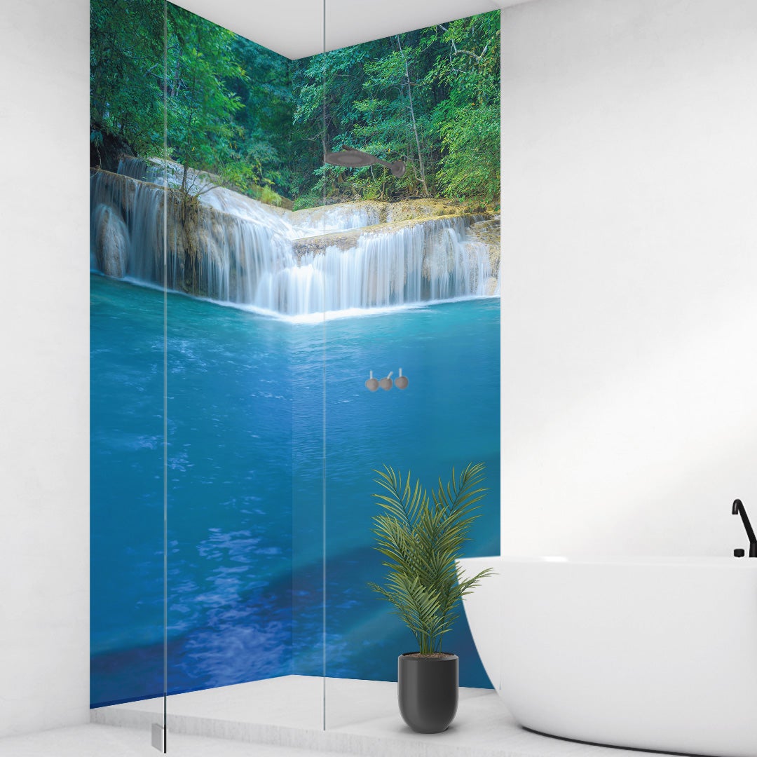 Wasserfall Thailand über Eck Set, fugenlose Wandpaneele aus Alu-Verbund 3mm, Duschrückwand Wasserfall Thailand über Eck Set, fugenlose Wandpaneele aus Alu-Verbund 3mm, Duschrückwand