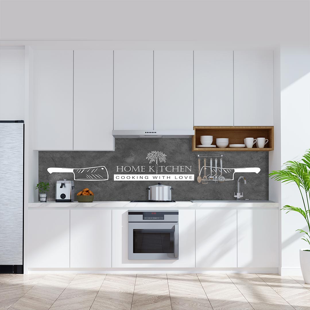 Home Kitchen Messer auf Schiefer, fugenlose Wandpaneele aus Alu-Verbund 3mm, Küchenrückwand  