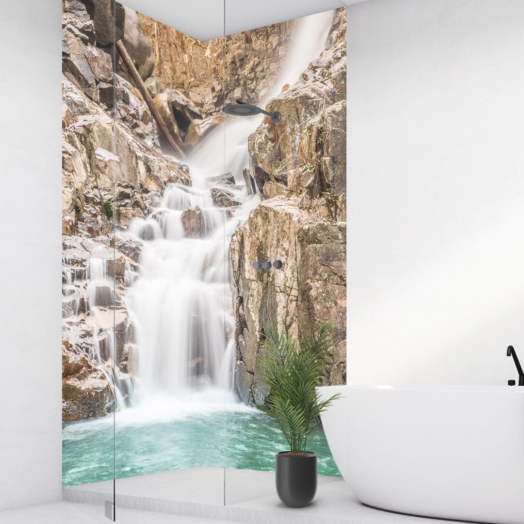 Wasserfall Schwarzwald über Eck Set, fugenlose Wandpaneele aus Alu-Verbund 3mm, Duschrückwand Wasserfall Schwarzwald über Eck Set, fugenlose Wandpaneele aus Alu-Verbund 3mm, Duschrückwand