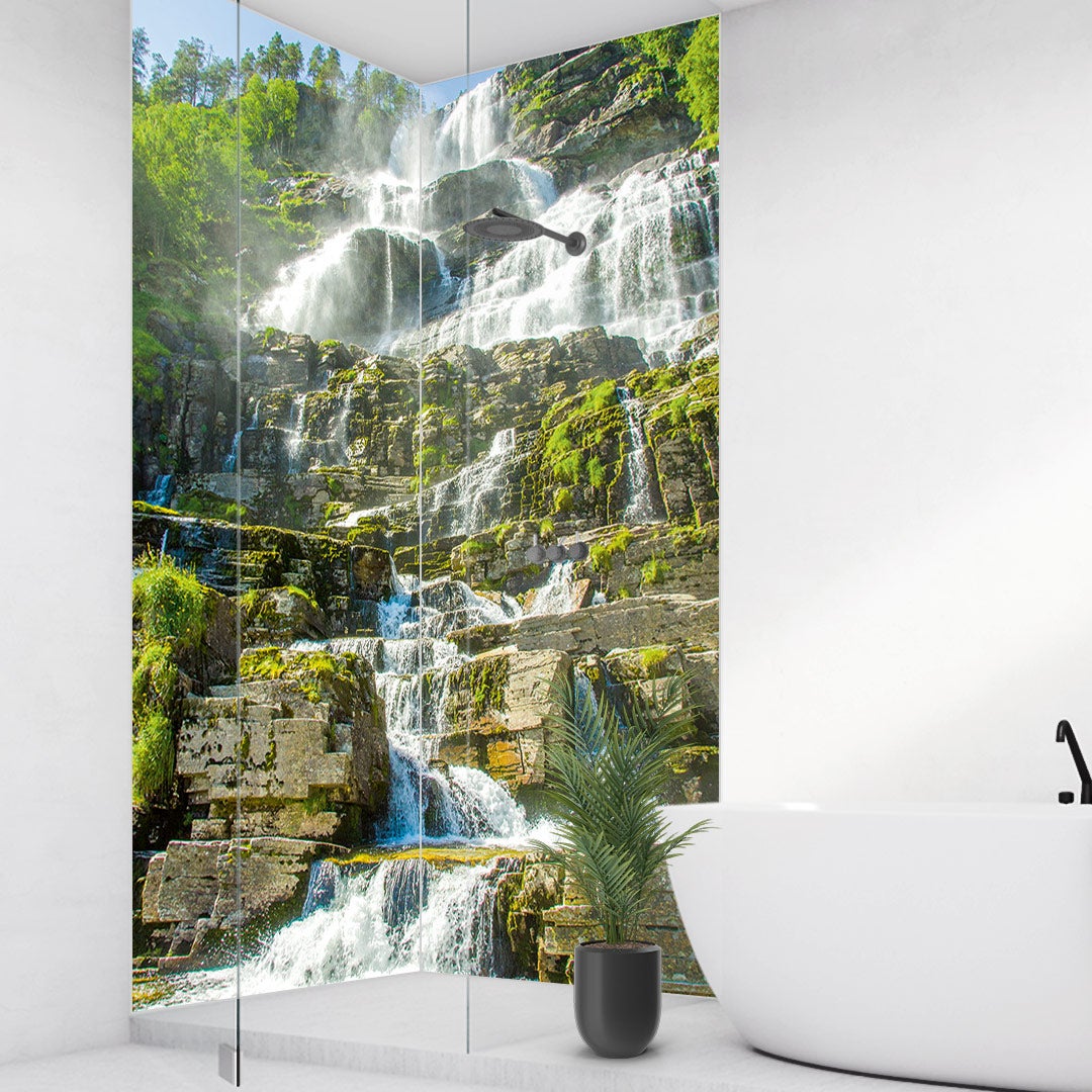 Wasserfall Norwegen über Eck Set, fugenlose Wandpaneele aus Alu-Verbund 3mm, Duschrückwand Wasserfall Norwegen über Eck Set, fugenlose Wandpaneele aus Alu-Verbund 3mm, Duschrückwand