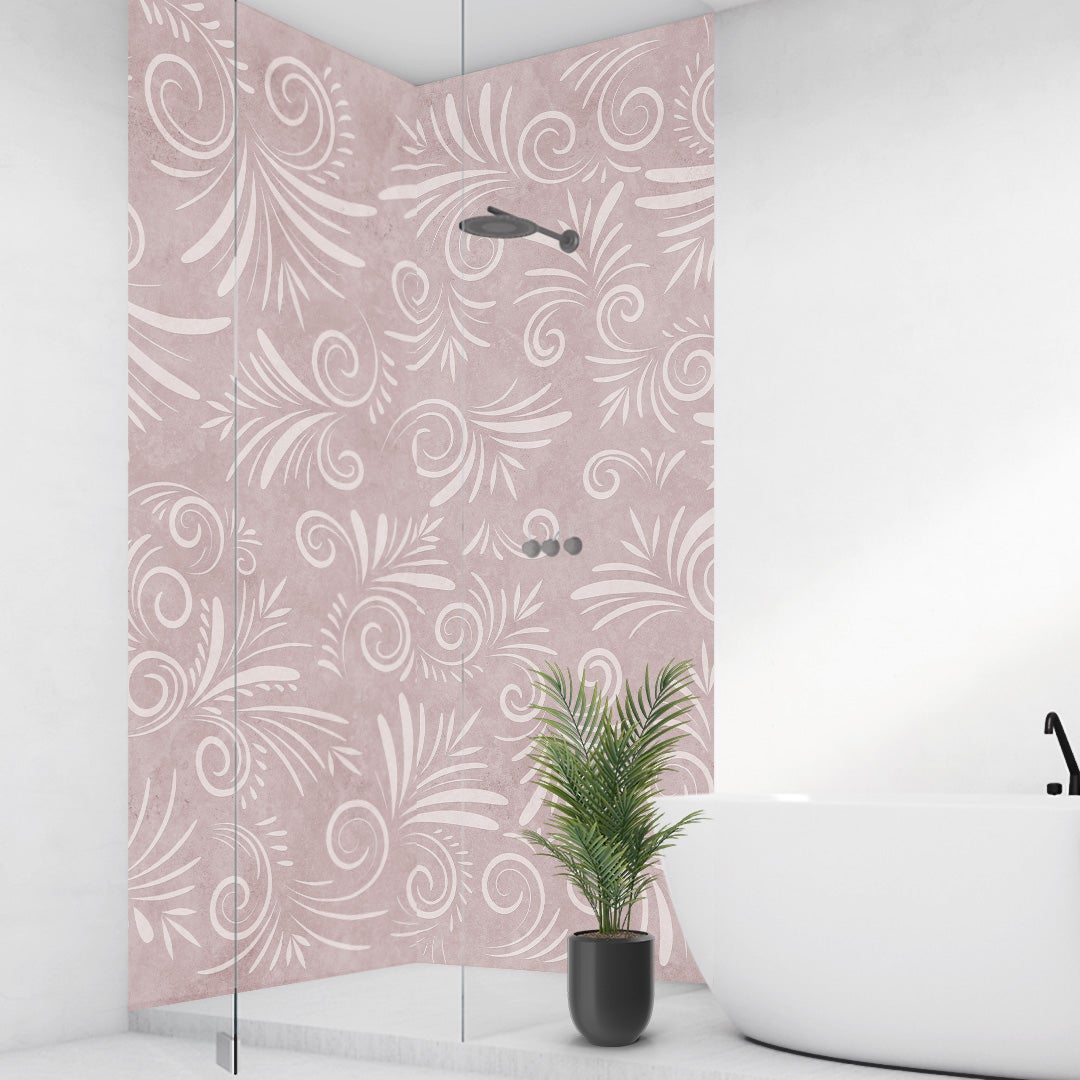 Kalkstein Floral Rosa über Eck Set, fugenlose Wandpaneele aus Alu-Verbund 3mm, Duschrückwand Kalkstein Floral Rosa über Eck Set, fugenlose Wandpaneele aus Alu-Verbund 3mm, Duschrückwand