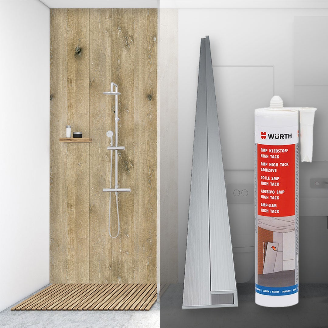 Holzdekore Duschrückwand Set ( 1x Duschrückwand, 1x Abschlussprofil, 1x Kleber) Holzdekore Duschrückwand Set ( 1x Duschrückwand, 1x Abschlussprofil, 1x Kleber)