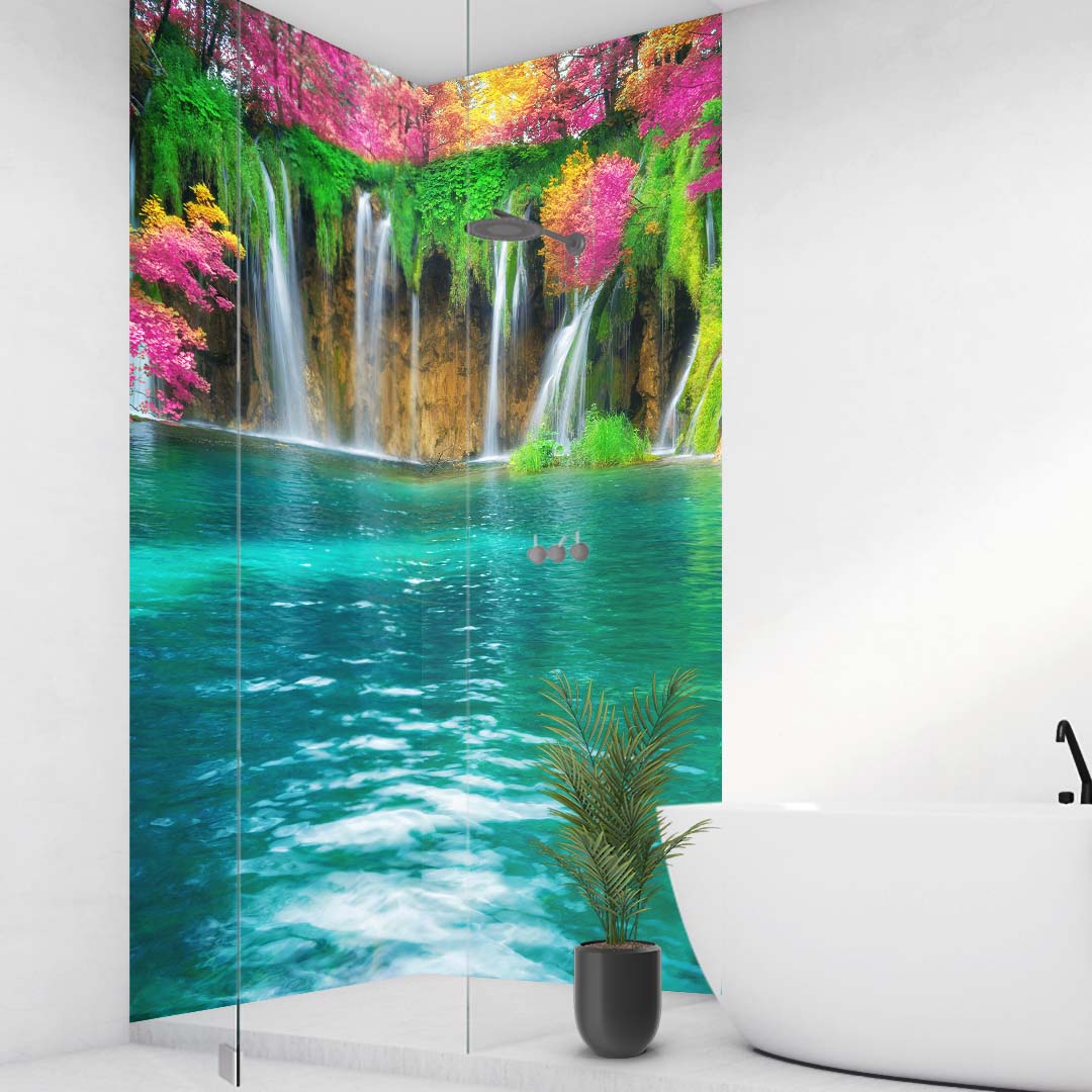 Exotischer Wasserfall Kroatien über Eck Set, fugenlose Wandpaneele aus Alu-Verbund 3mm, Duschrückwand Exotischer Wasserfall Kroatien über Eck Set, fugenlose Wandpaneele aus Alu-Verbund 3mm, Duschrückwand