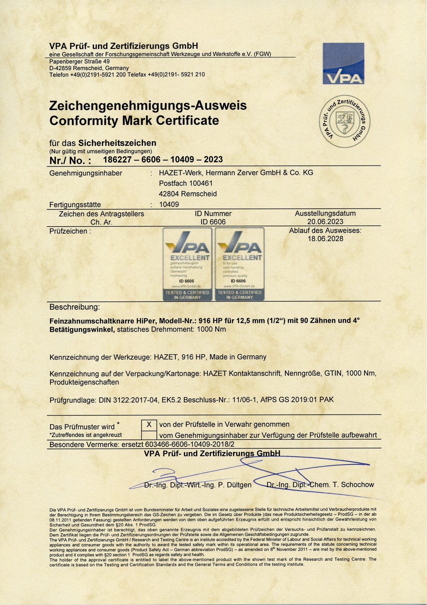 916hp_detail_zertifikat_zeichengenehmigung_vpa_statisches_drehmoment