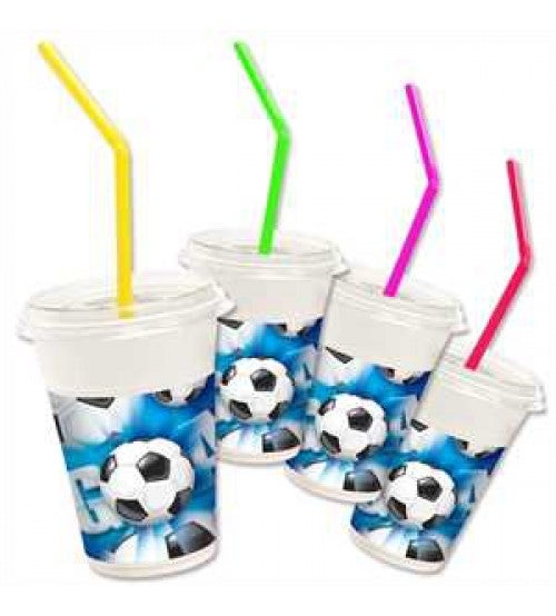 Fussball Blau Becher mit Deckel & Trinkhalm 12 Stück