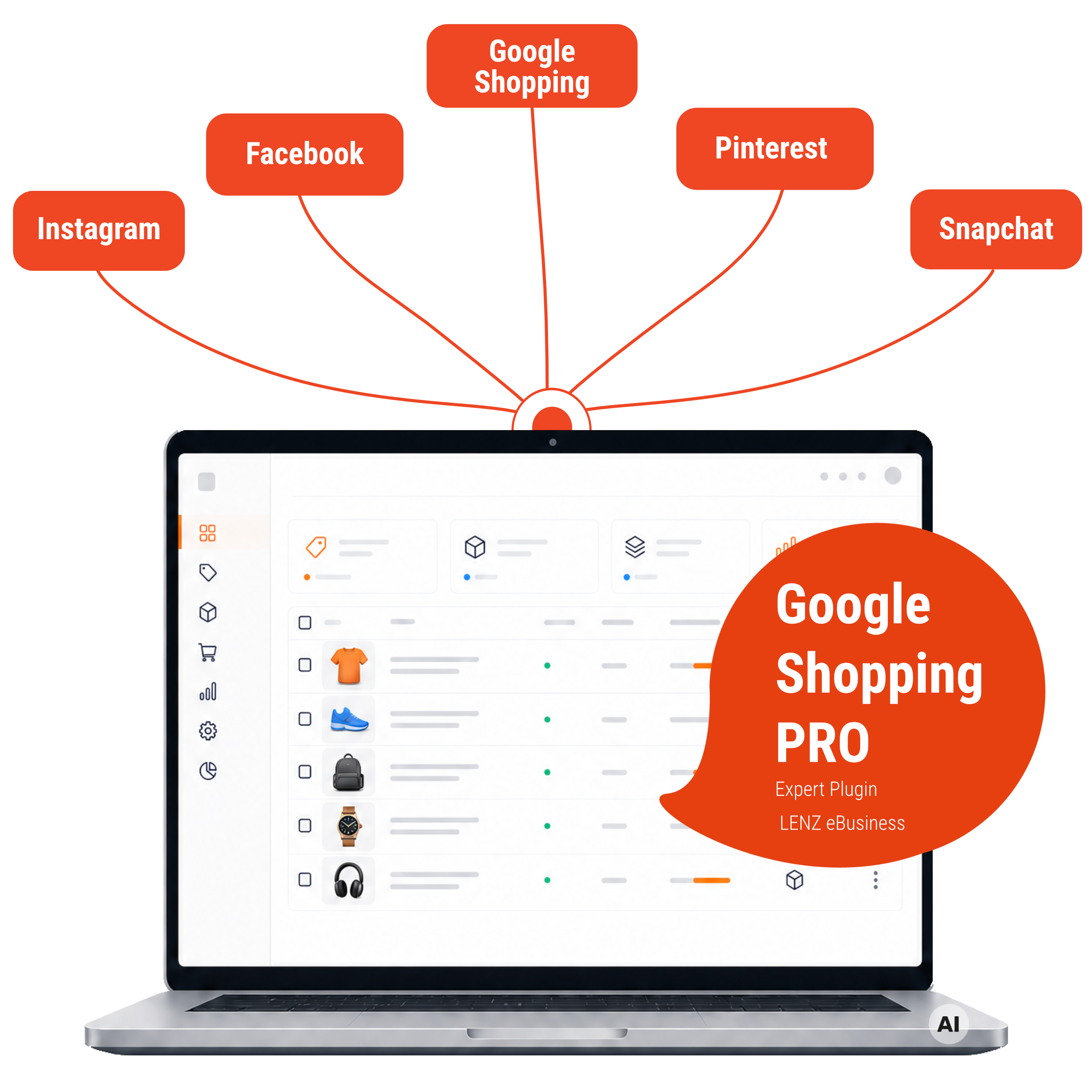 Laptop mit Shop-Dashboard und Verbindungen zu Google Shopping, Facebook, Instagram, Pinterest und Snapchat